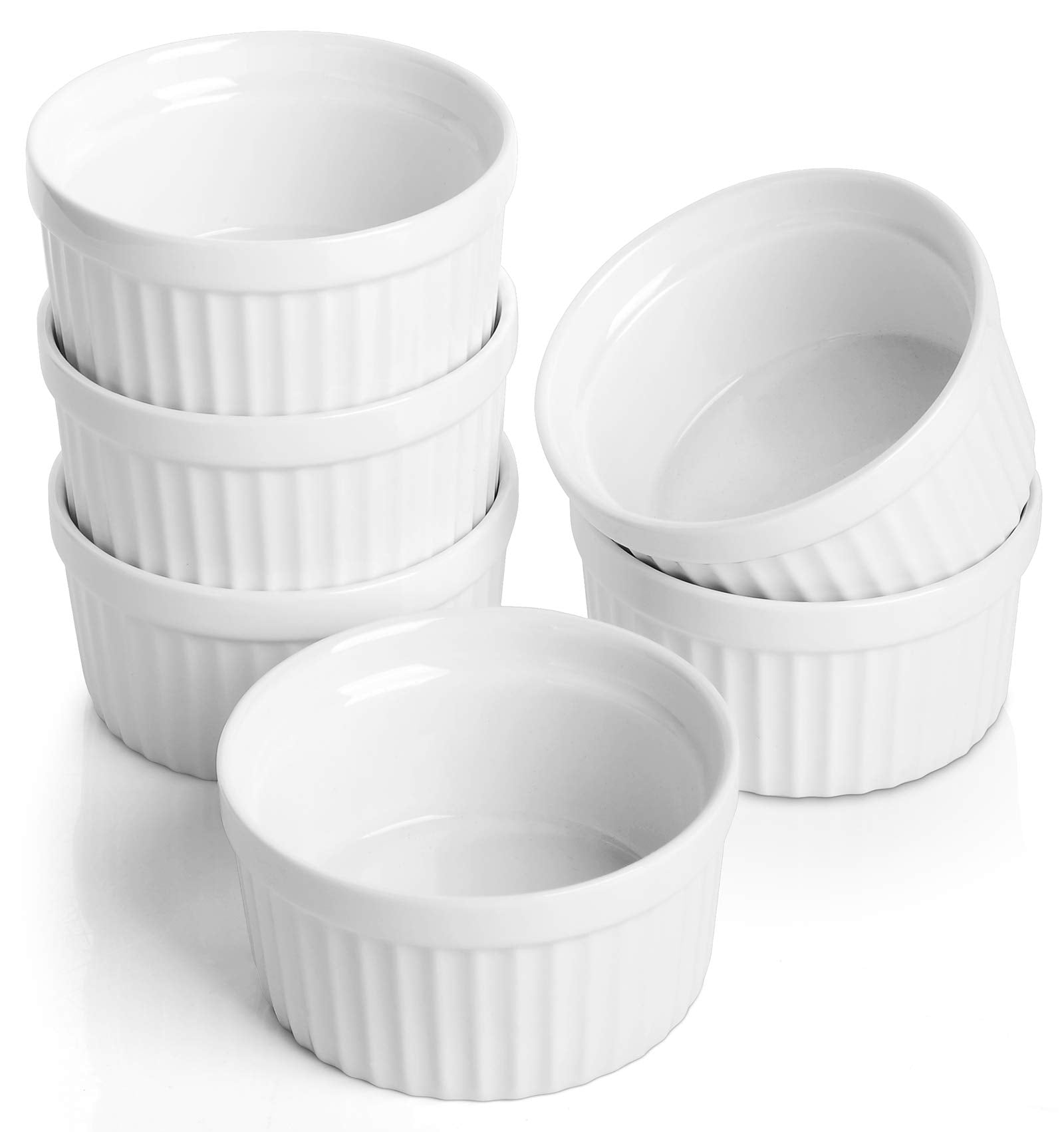 Samsle ramequines de porcelana 4oz, frente, ideales para postres pequeños y elegantes.