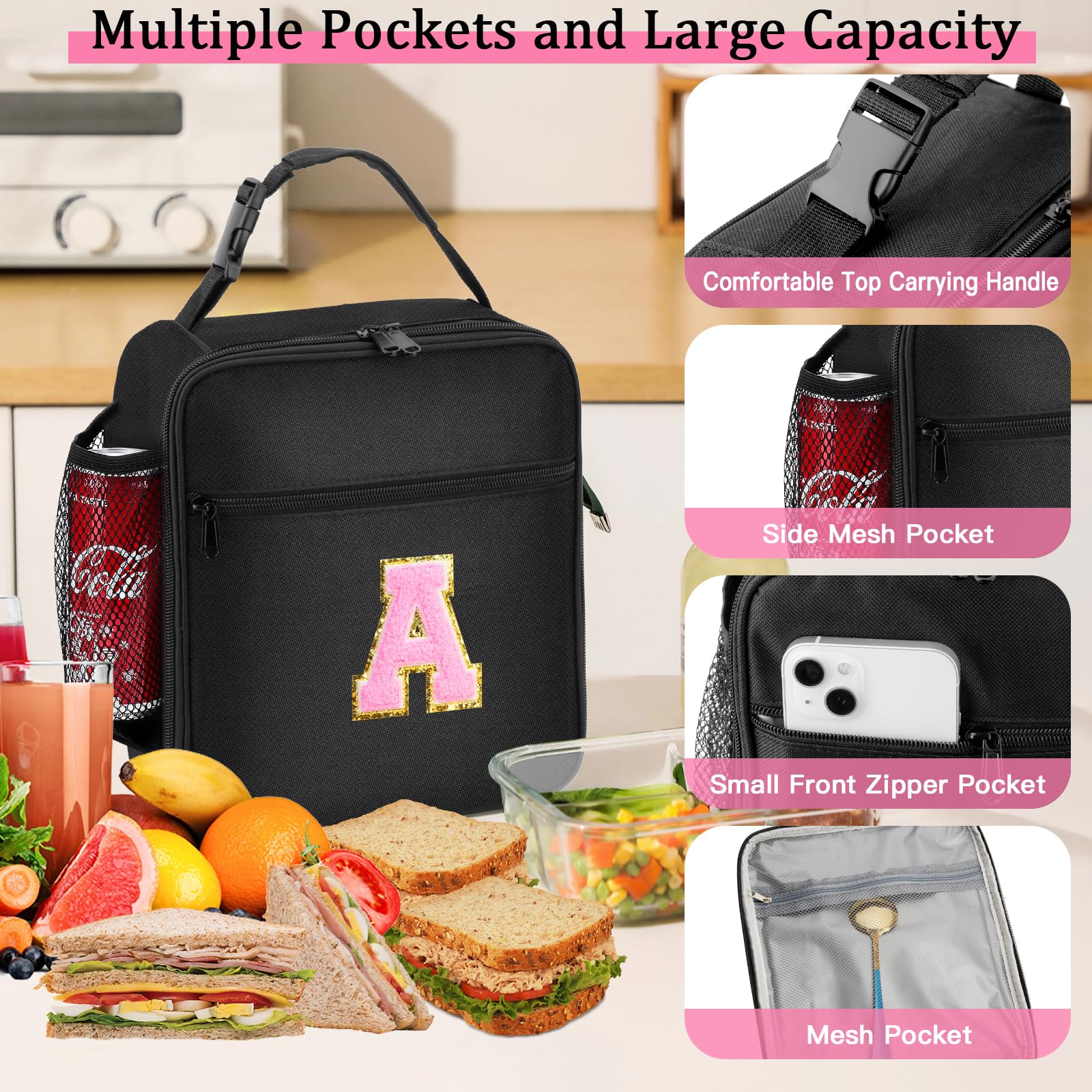 SANBADA bolsa de almuerzo con amplio espacio para comida, snacks y objetos personales, en rosa.