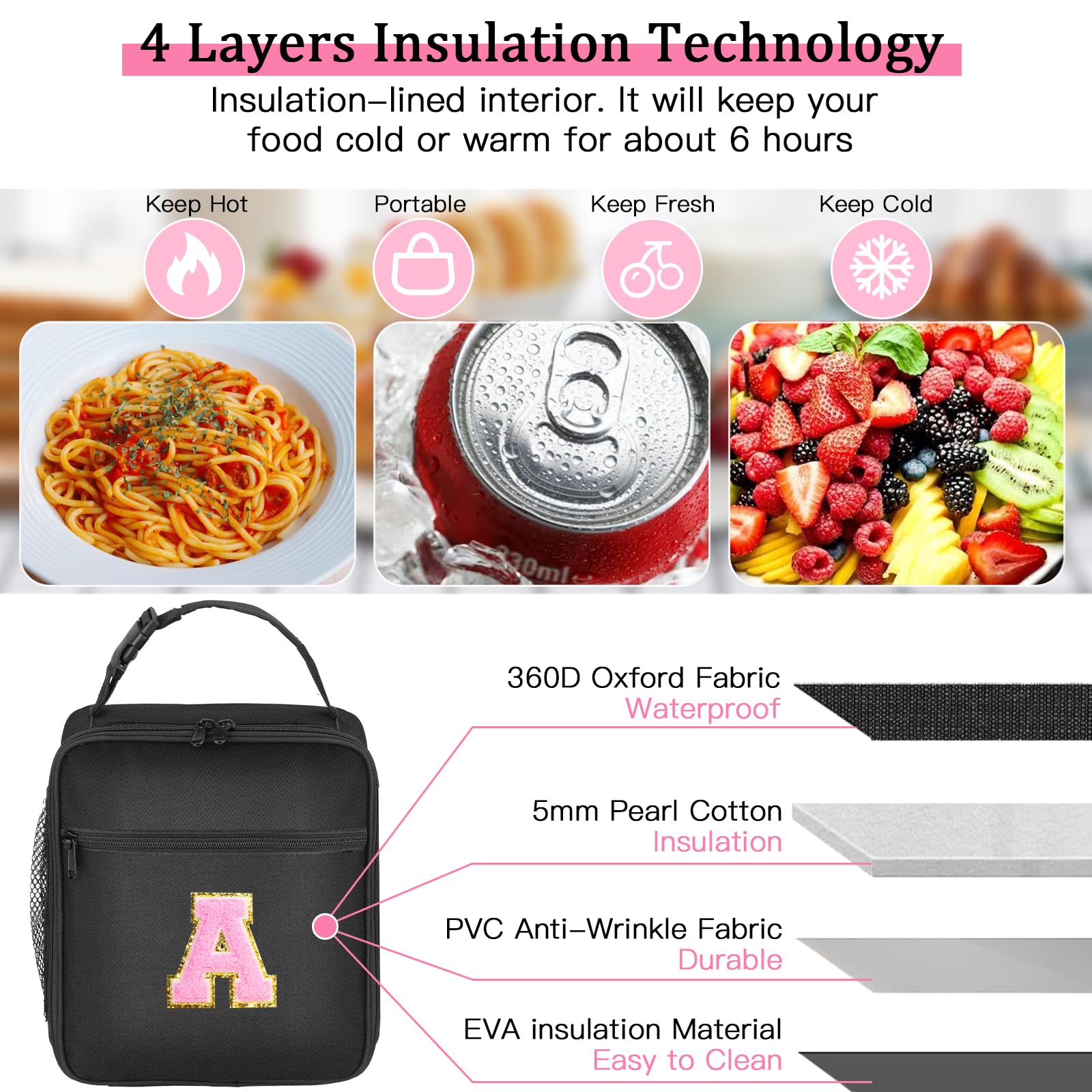 SANBADA bolsa de almuerzo diseño personalizado rosa para escuela o trabajo.