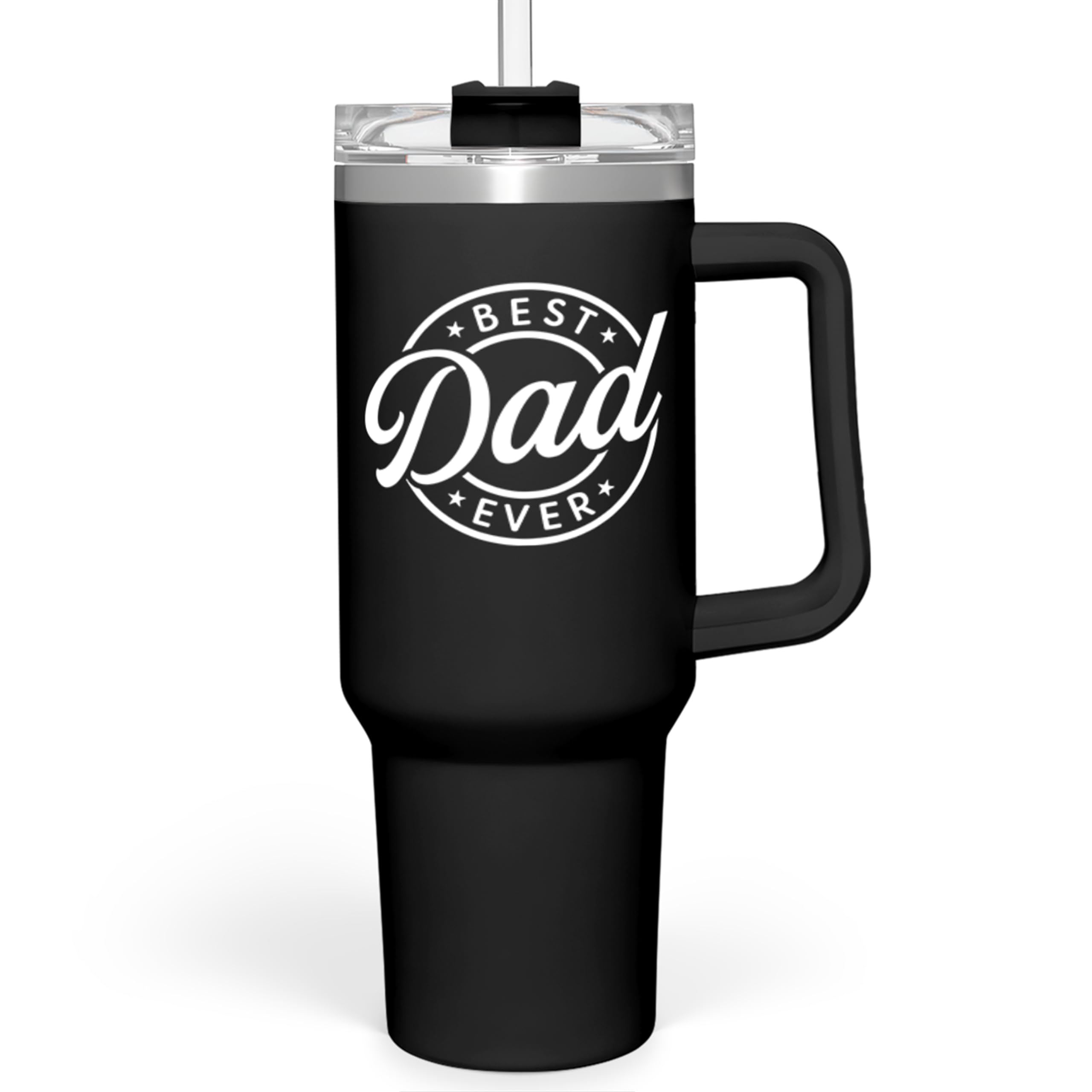 Sandjest Best Dad Ever Tumbler con manija, ideal para café caliente en la mañana.