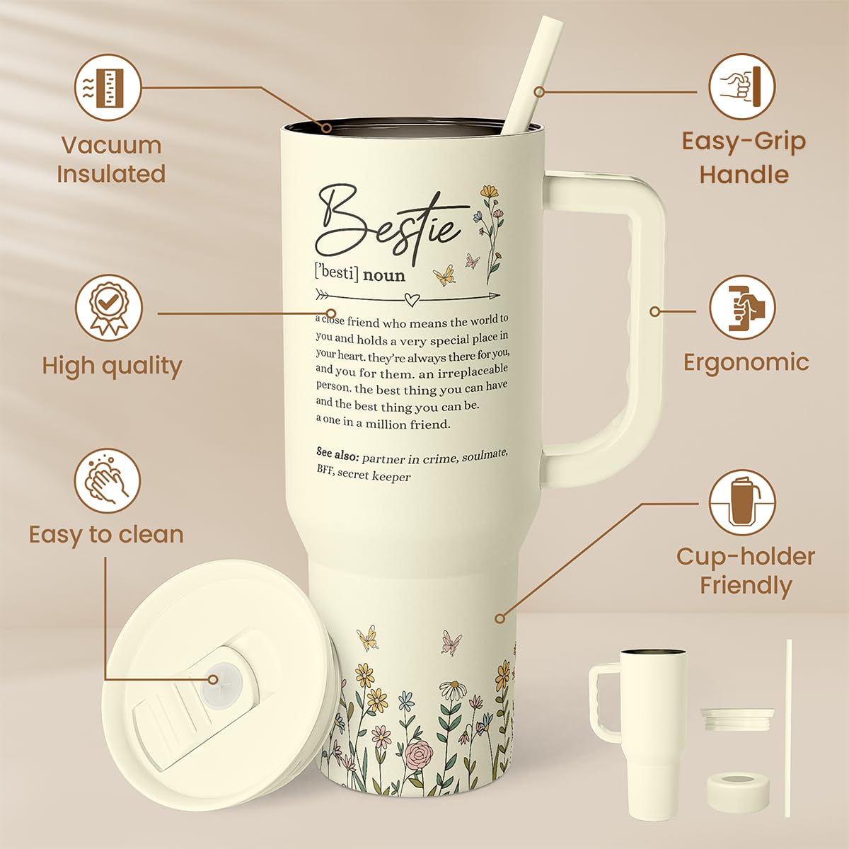 SANDJEST Bestie Tumbler acero inoxidable, doble pared para conservar temperatura durante el día