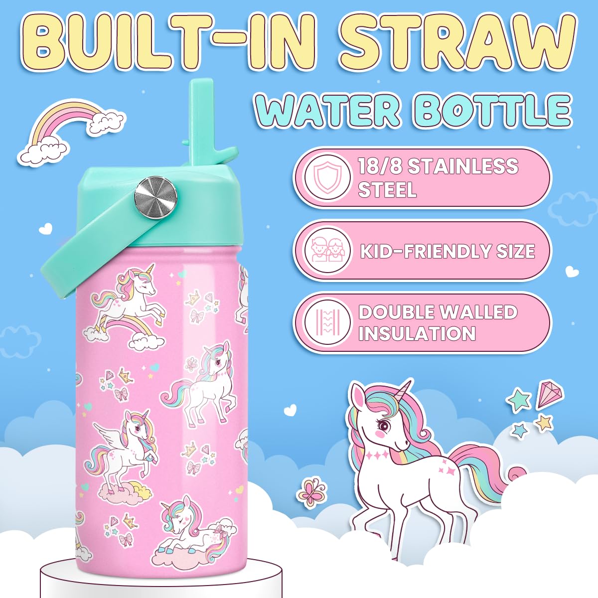 Sandjest botella acero inoxidable unicornio, diseño llamativo para uso diario.