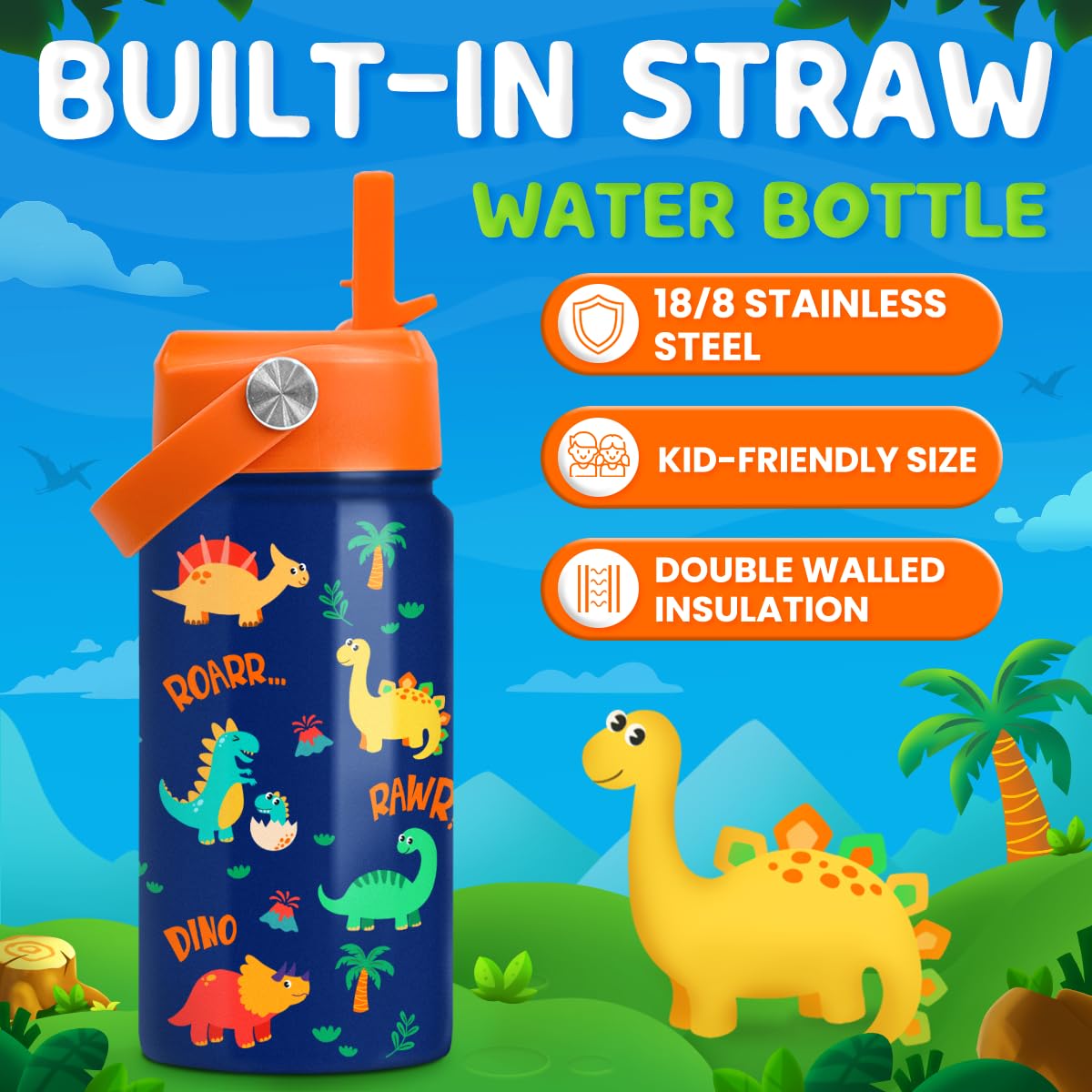 Botella dinosaurio de SANDJEST con diseño colorido para la escuela.