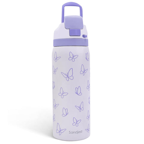 SANDJEST Butterfly frontal, botella aislada de acero inoxidable morada 32oz para mantener la bebida a temperatura.