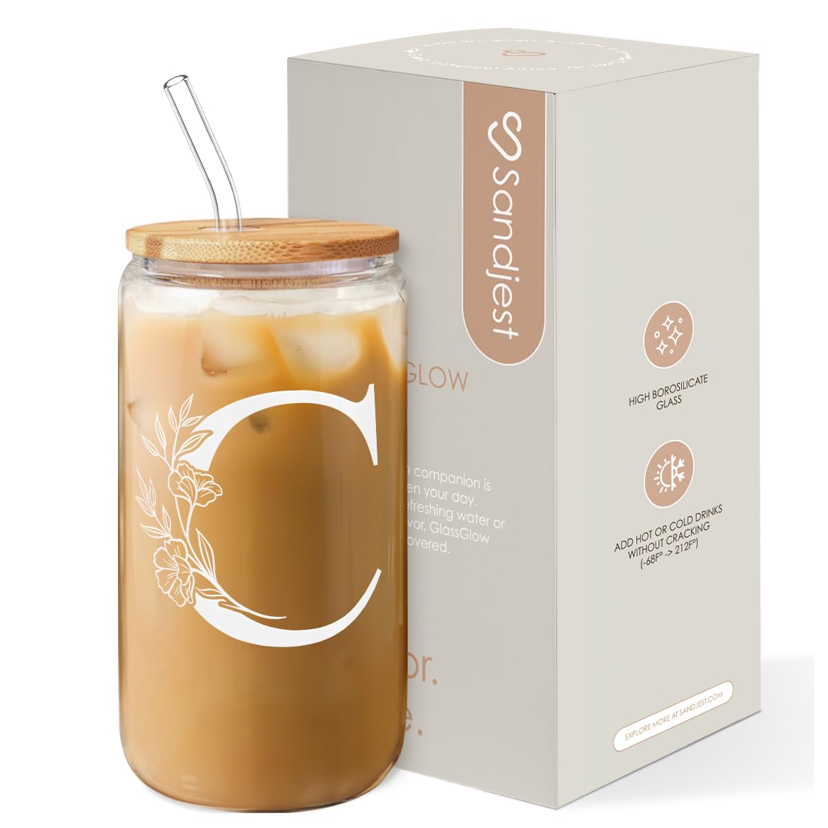 Sandjest copa cristal monograma C 16 oz con tapa, ideal para bebidas frías