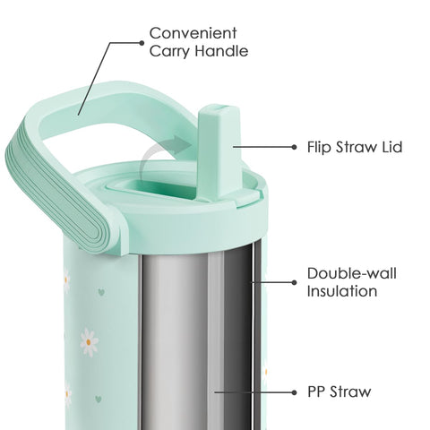 Sandjest Daisy vaso termo menta con asas, ideal para llevar.