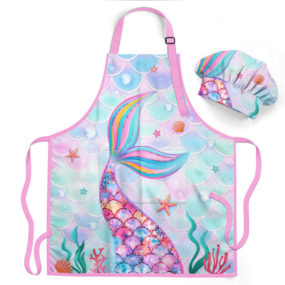 sandjest delantal sirena para niñas con bolsillo, ideal para cocinar y dibujar.