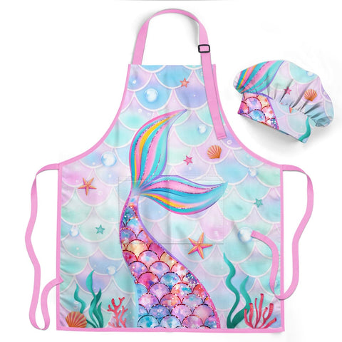 sandjest delantal sirena para niñas con bolsillo, ideal para cocinar y dibujar.