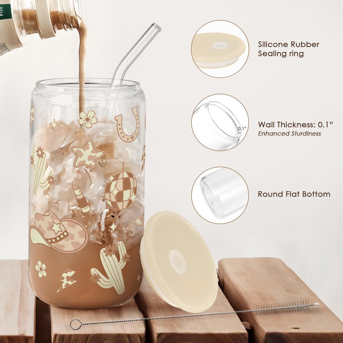 SANDJEST diseño Western, vaso de vidrio con tapa acrílica para regalo ecológico
