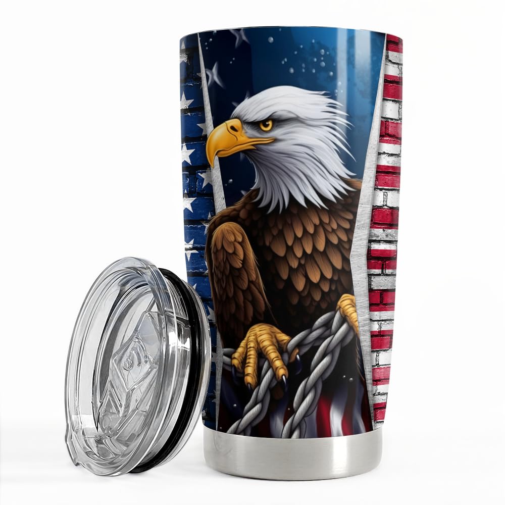 Sandjest Eagle con bandera USA frente, vaso térmico para uso diario.