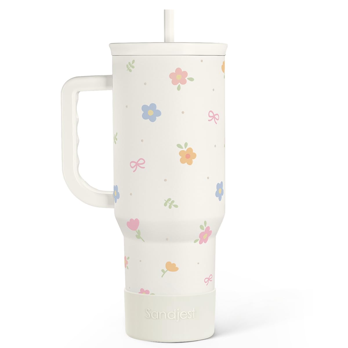 SANDJEST Floral 40oz con asa, cómodo para llevar bebidas.