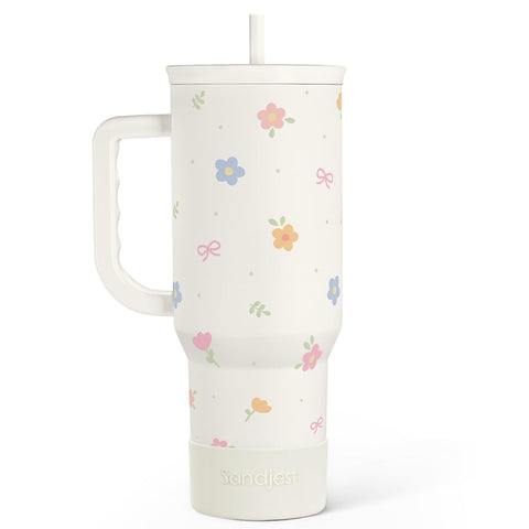 SANDJEST Floral 40oz con asa, cómodo para llevar bebidas.