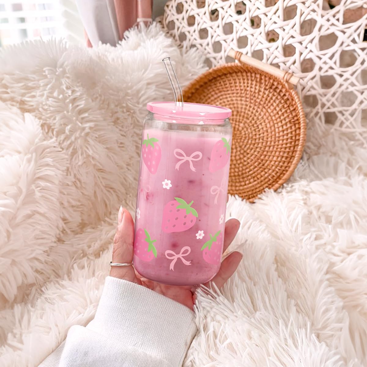 SANDJEST vaso cristal 16oz con pajilla de vidrio, ideal para bebidas frías