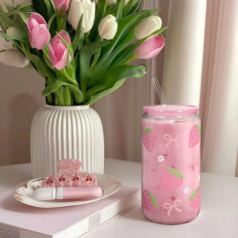 SANDJEST 16oz vaso cristal con tapa acrílica, regalo sostenible para ocasiones