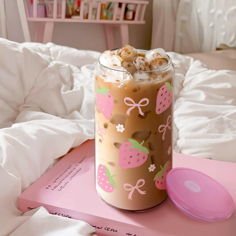 SANDJEST vaso cristal 16oz con tapa acrílica y pajilla, fácil de limpiar y desmontable