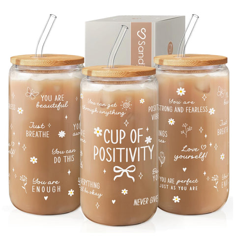 SandJest Inspiration: vaso de vidrio 16oz con tapa y pajilla, ideal para café frío.
