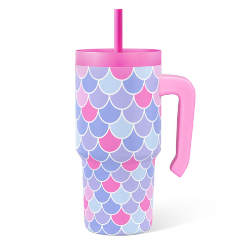 SANDJEST Mermaid Tumbler 20oz con asa, fácil de sujetar para niños.