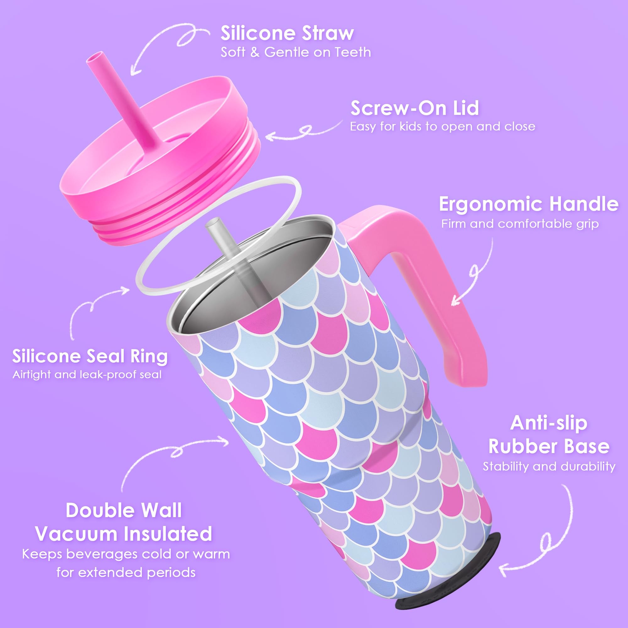 SANDJEST Mermaid Tumbler 20oz con escamas de sirena, diseño divertido que motiva a hidratarse.