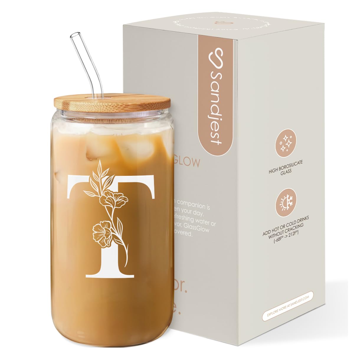 Vaso SANDJEST monograma T inicial con tapa, ideal para llevar bebidas frías.