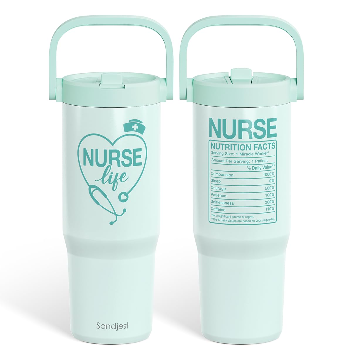 SANDJEST Nurse Life vaso 30oz con tapa pajilla, ideal para hidratación durante turnos