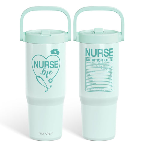 SANDJEST Nurse Life vaso 30oz con tapa pajilla, ideal para hidratación durante turnos