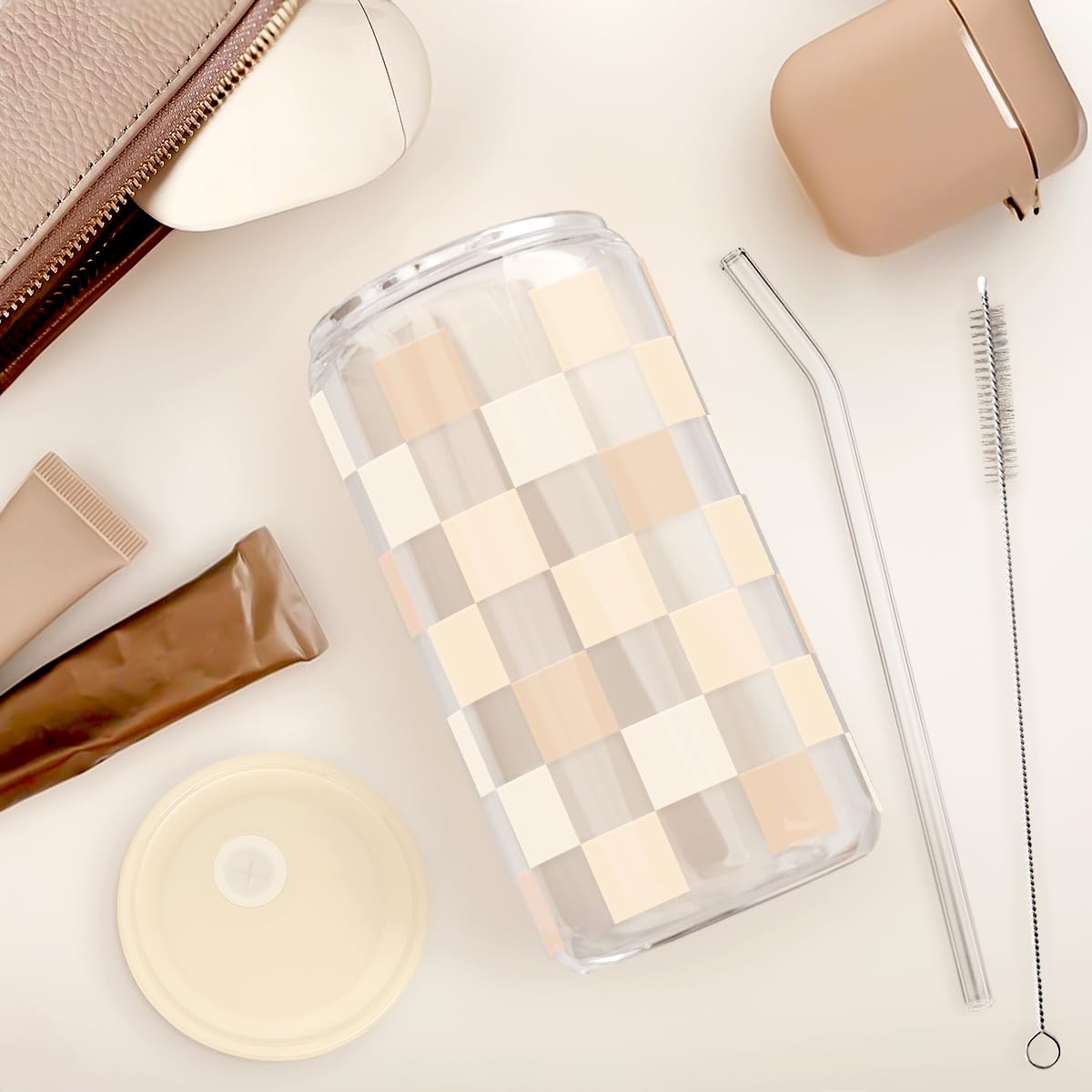 Sandjest pajilla vidrio vaso cuadros beige, ideal para bebidas frías en la oficina