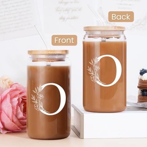 SANDJEST Taza de vidrio 16oz con diseño moderno e inicial O.