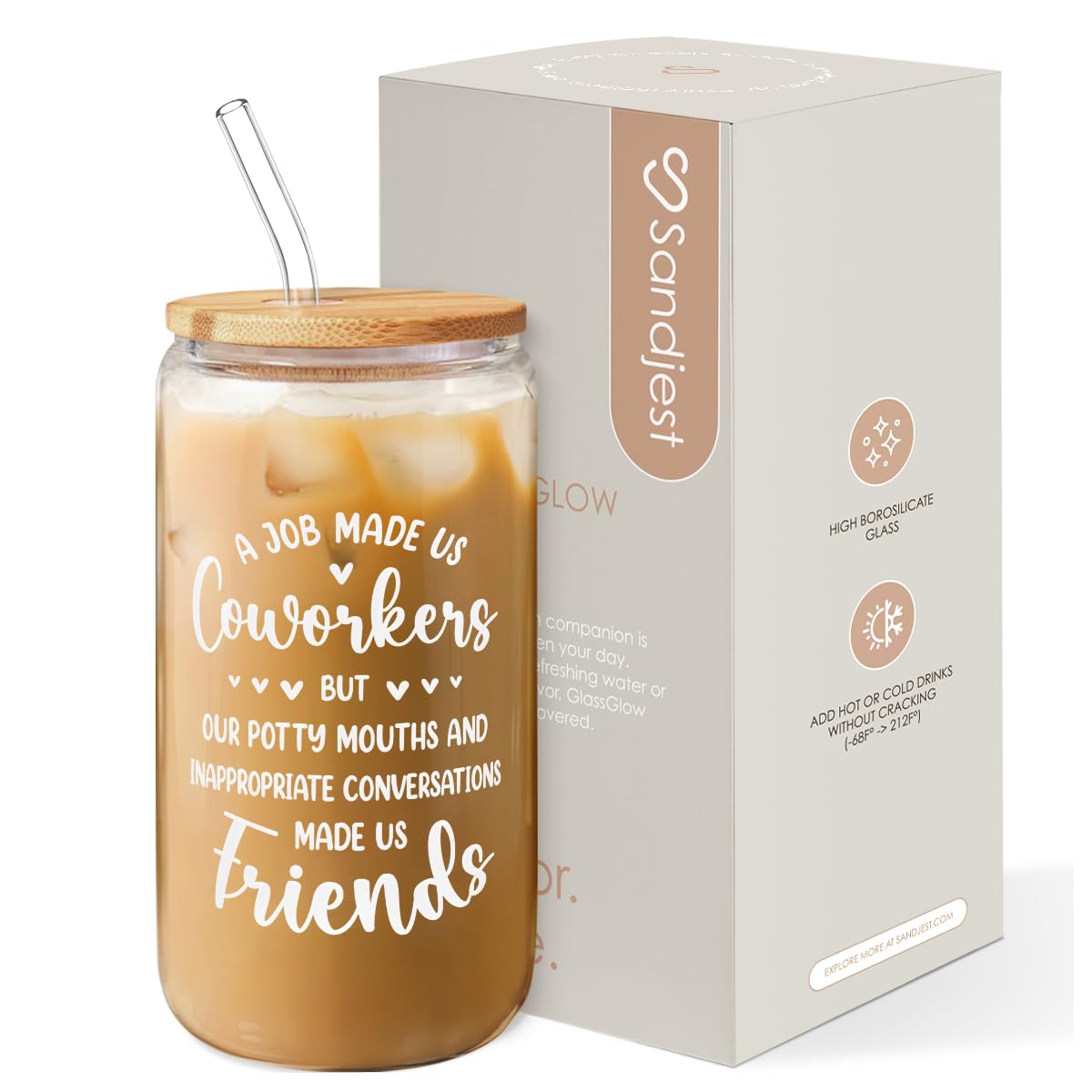 SANDJEST taza de vidrio 16 oz vista frontal, ideal para bebidas frías en la oficina.