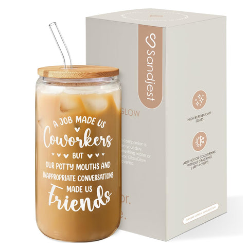 SANDJEST taza de vidrio 16 oz vista frontal, ideal para bebidas frías en la oficina.