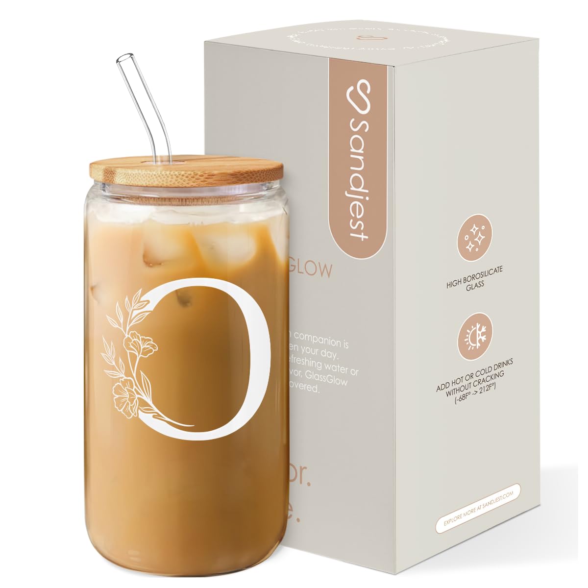 SANDJEST Taza de vidrio 16oz con inicial O y tapa para llevar bebidas.