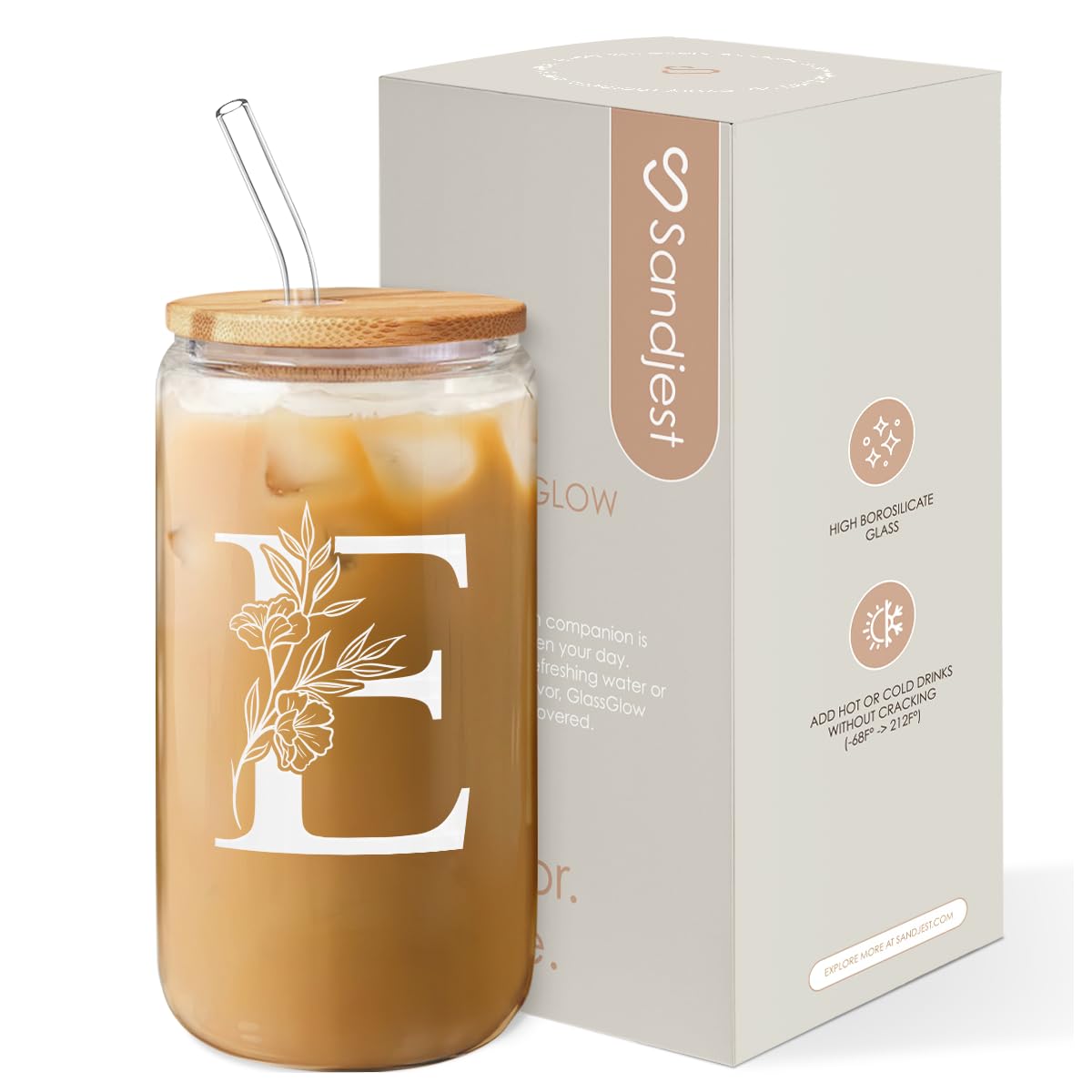 Taza Sandjest con monograma E, ideal para bebidas frías y cálidas.