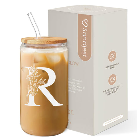 Taza de vidrio SANDJEST con monograma R de 16 oz para bebidas refrescantes.