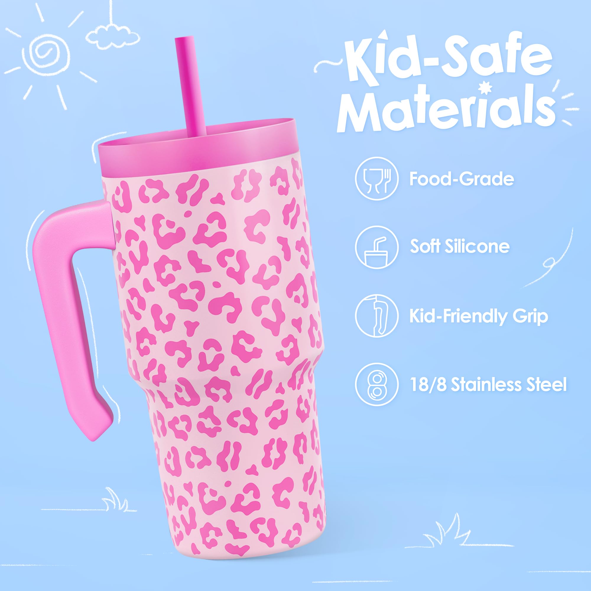 Sandjest tumbler leopard con tapa de silicona para beber sin derrames.