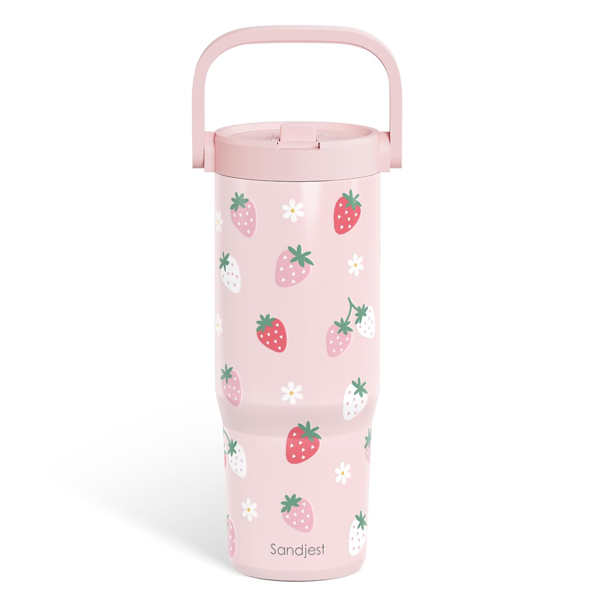 Sandjest tumbler de 30 onzas con tapa-paja fresa; ideal para bebidas durante todo el día.
