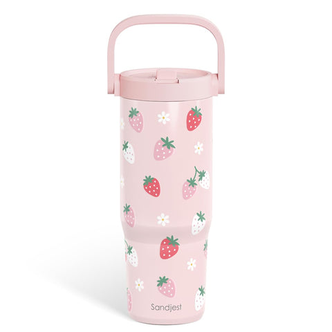 Sandjest tumbler de 30 onzas con tapa-paja fresa; ideal para bebidas durante todo el día.