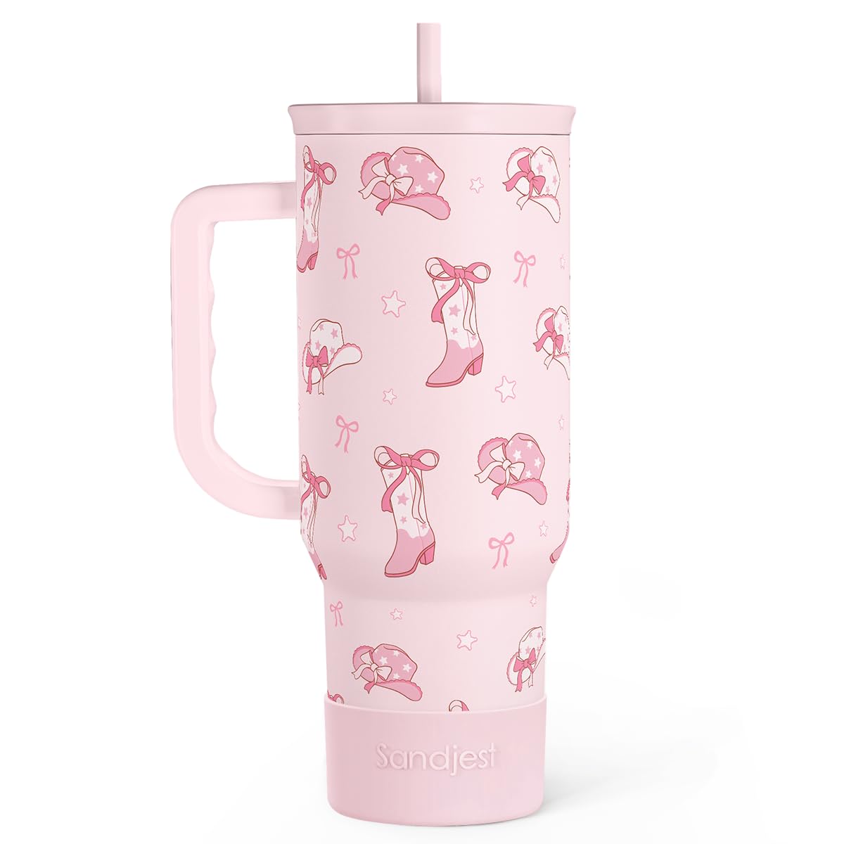 Vaso térmico SANDJEST Vaquera 40 onzas con asa y pajilla, perfecto para viaje.