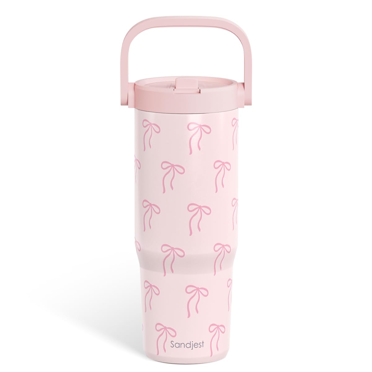 Vaso sandjest rosa con lazo y pajilla, aislamiento duradero para bebidas frías o calientes.