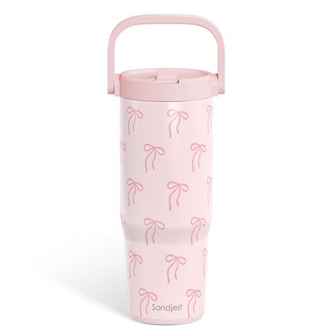 Vaso sandjest rosa con lazo y pajilla, aislamiento duradero para bebidas frías o calientes.