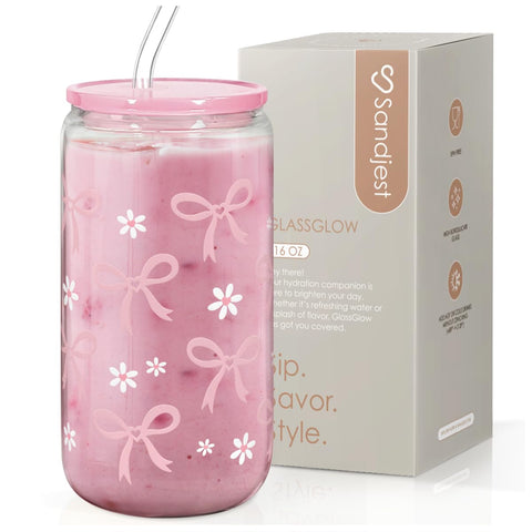 SANDJEST vaso cristal 16 oz con tapa y pajilla para beber con estilo