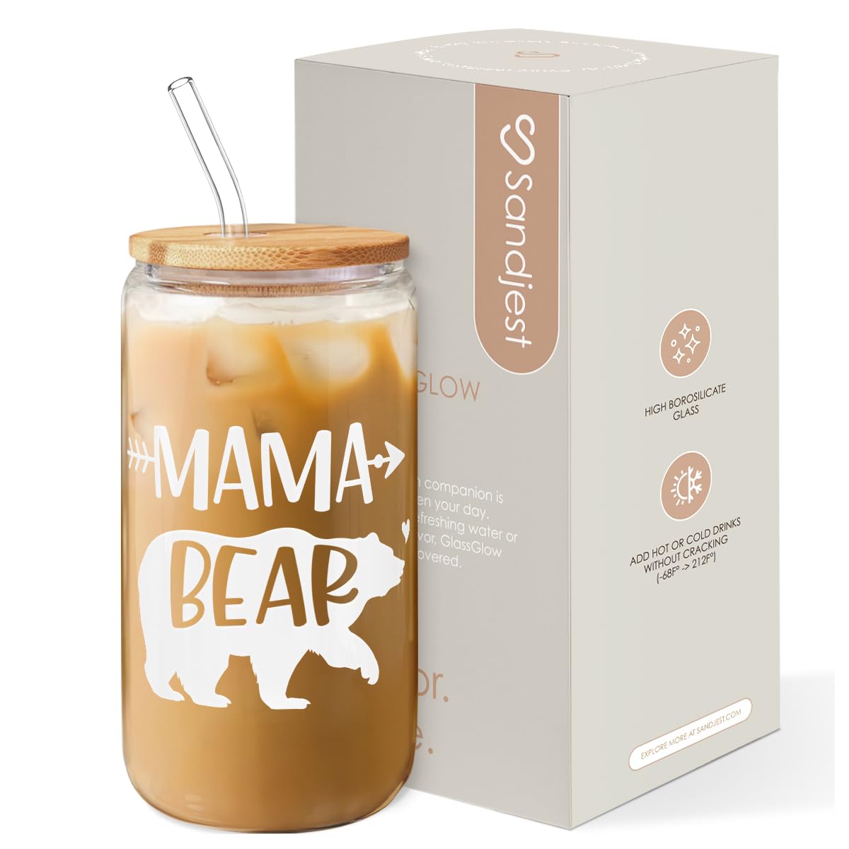Vaso Sandjest de cristal 16oz con tapa de bambú y pajilla, ideal para bebidas.