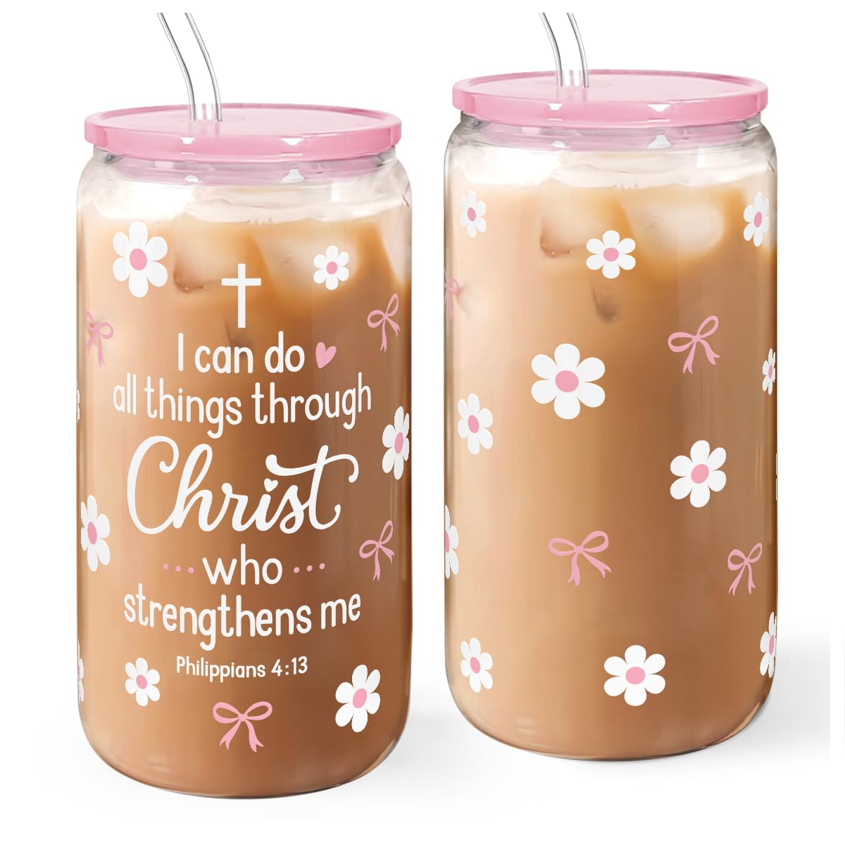 Vaso de cristal SANDJEST 16 oz con tapa y pajilla, ideal para bebidas frías.