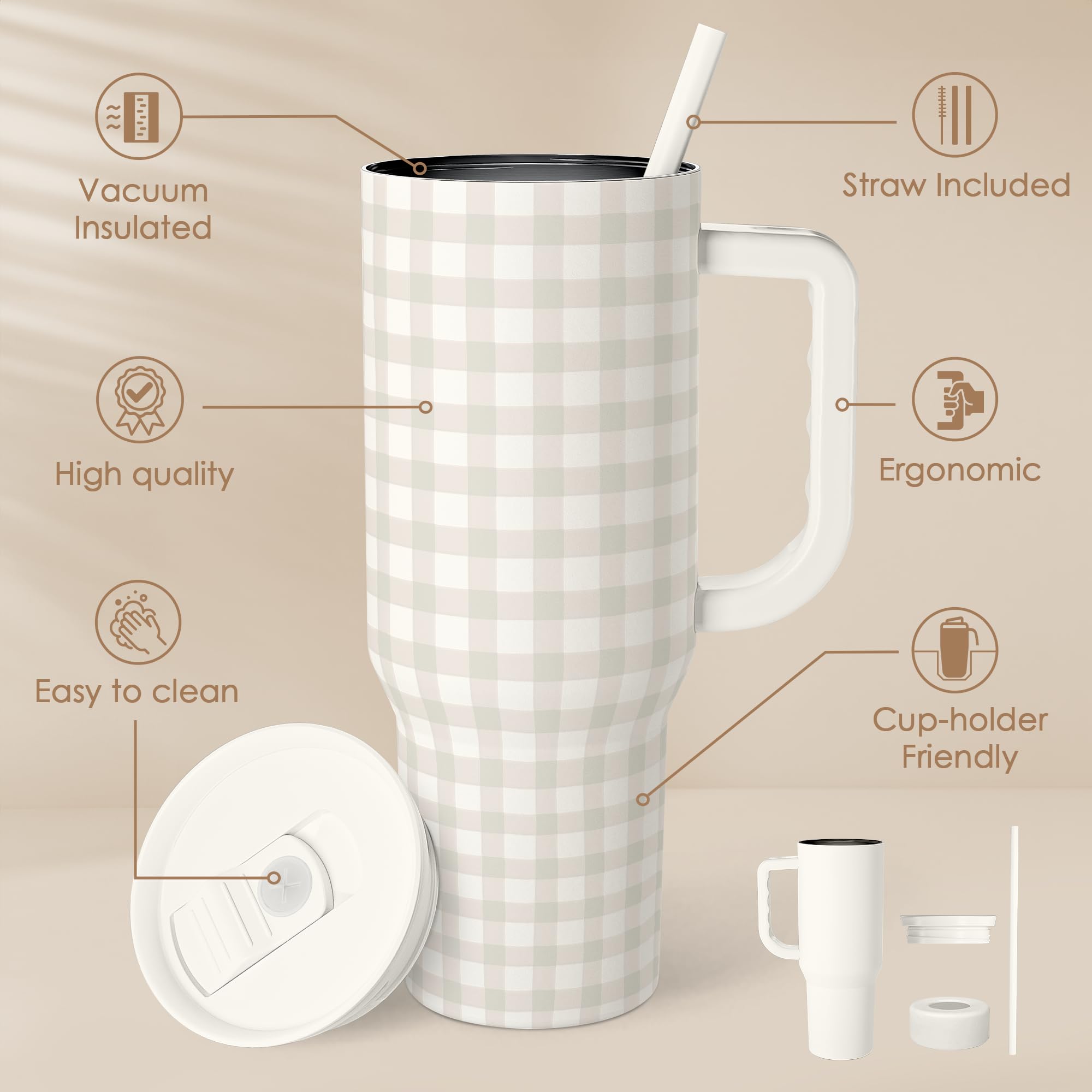 SANDJEST vaso termico de doble pared, acero inoxidable gris gingham.