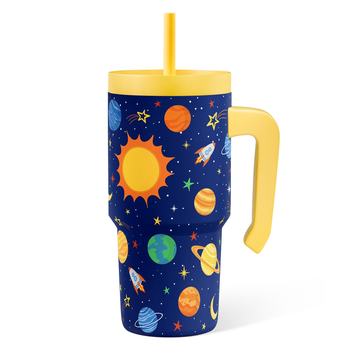 SANDJEST Vaso térmico Espacio Exterior 20oz con asa, agarre cómodo para niños.
