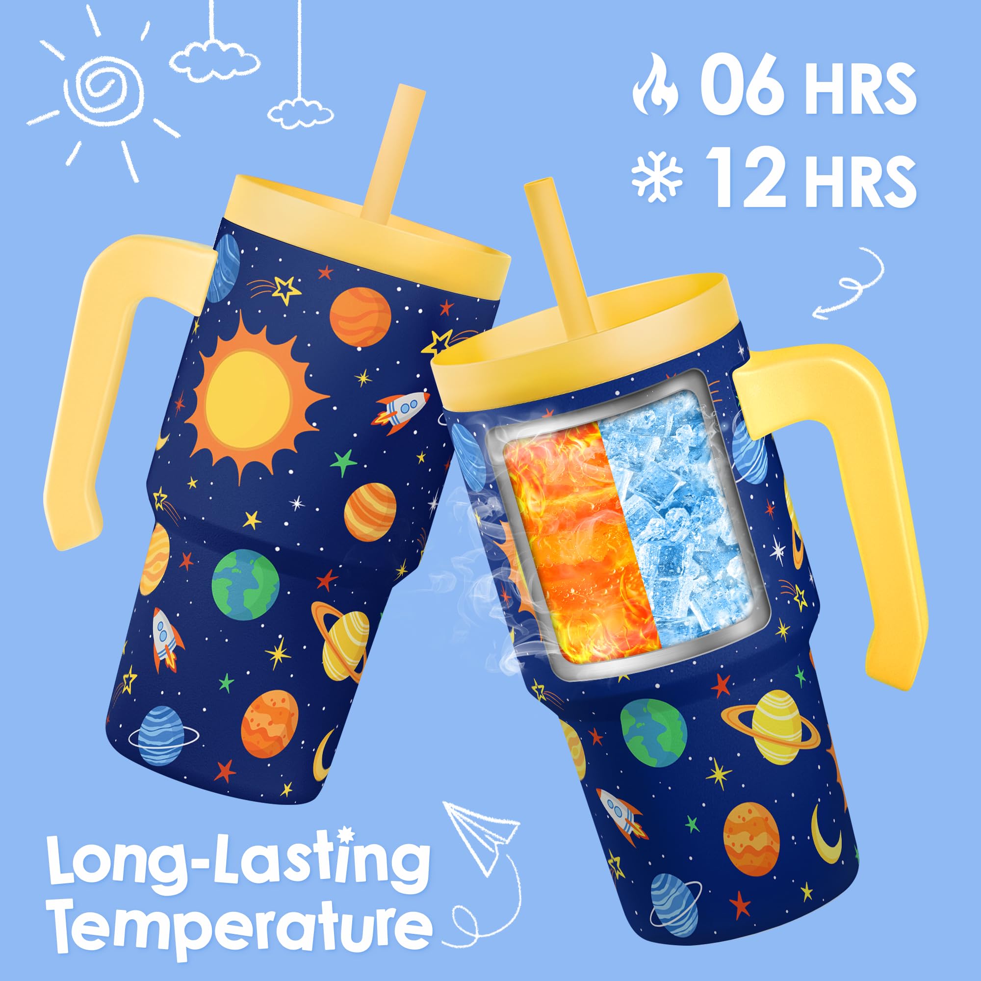 SANDJEST Vaso térmico Espacio Exterior 20oz en colores vibrantes, regalo divertido para niños.