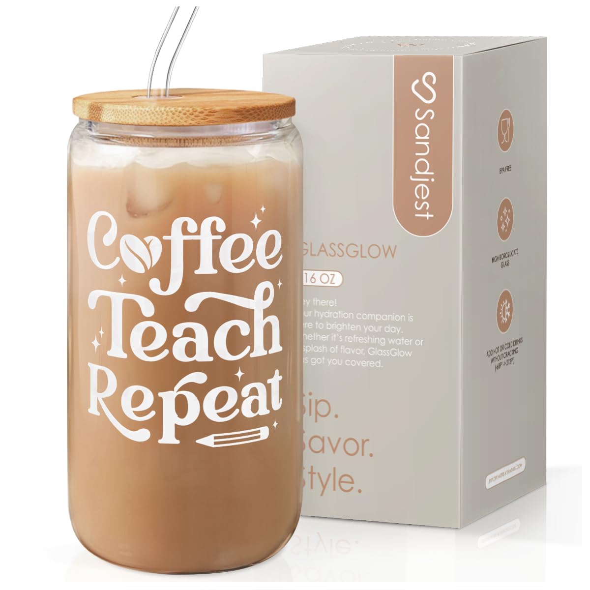 SANDJEST Vaso de vidrio 16 oz con diseño elegante para maestras.