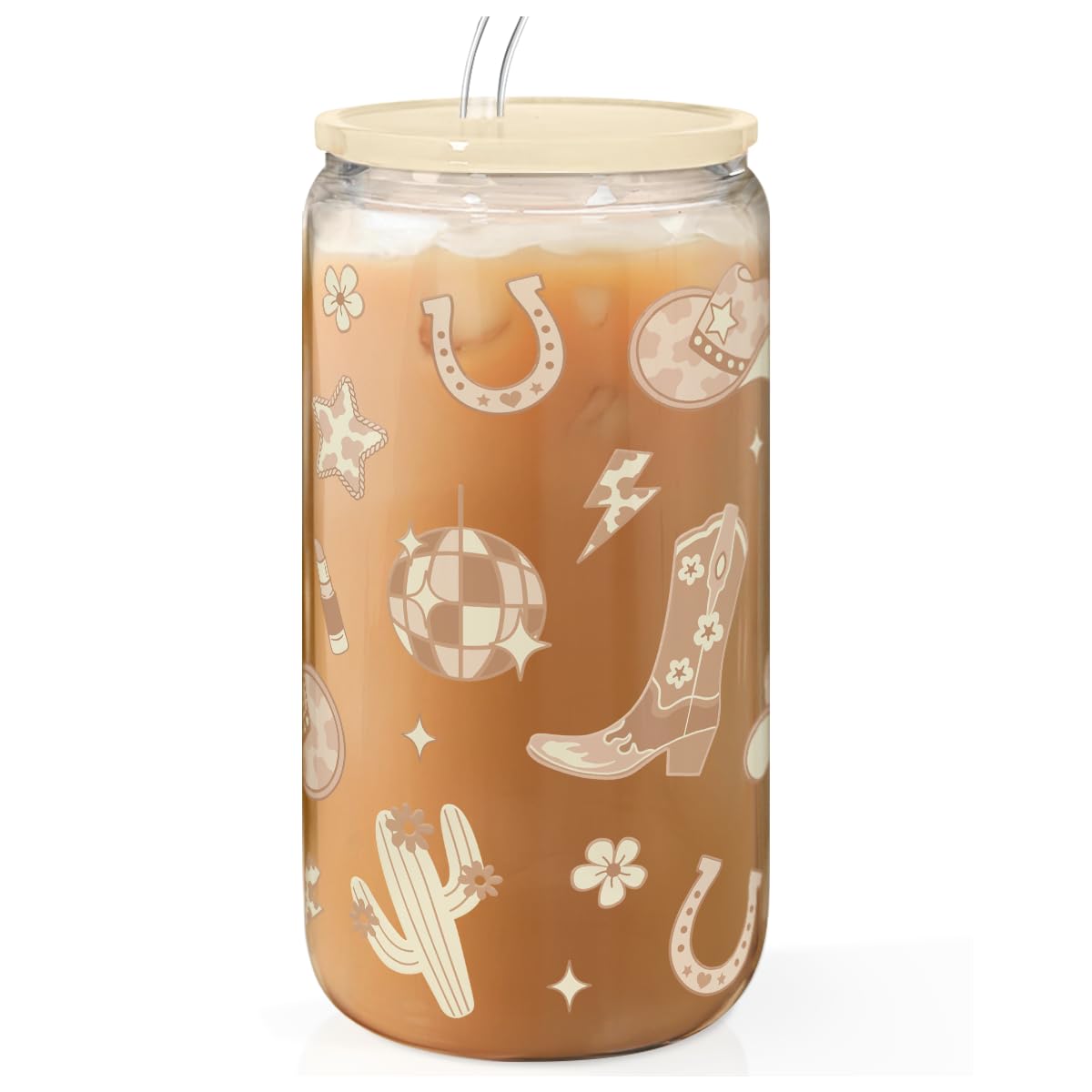 SANDJEST Western Cowgirl, vaso de vidrio 473 ml con tapa acrílica para café frío