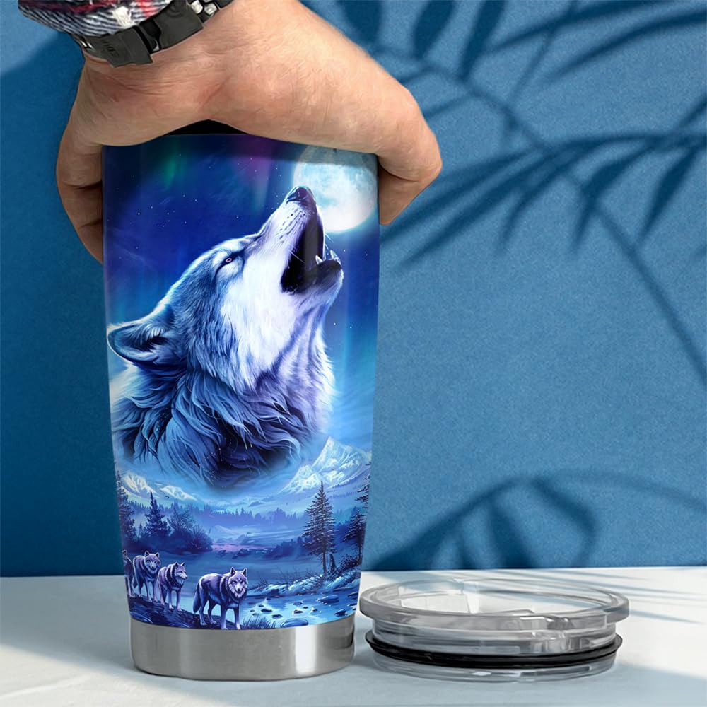 SANDJEST Wolf Tumbler 20oz, gran capacidad para café, té o bebidas frías