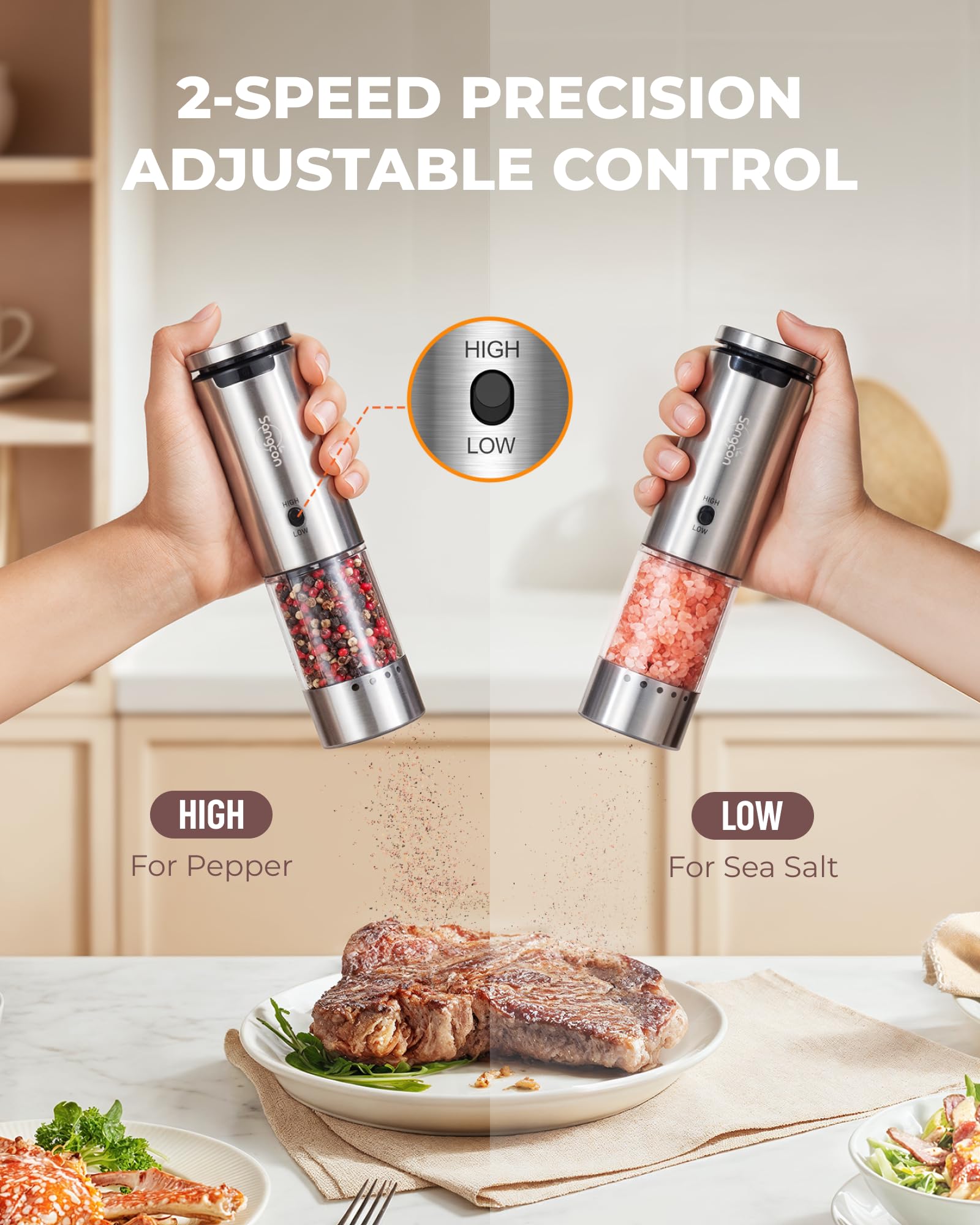 Ajuste externo de grano Sangcon para mayor control sin ensuciar la mesa.