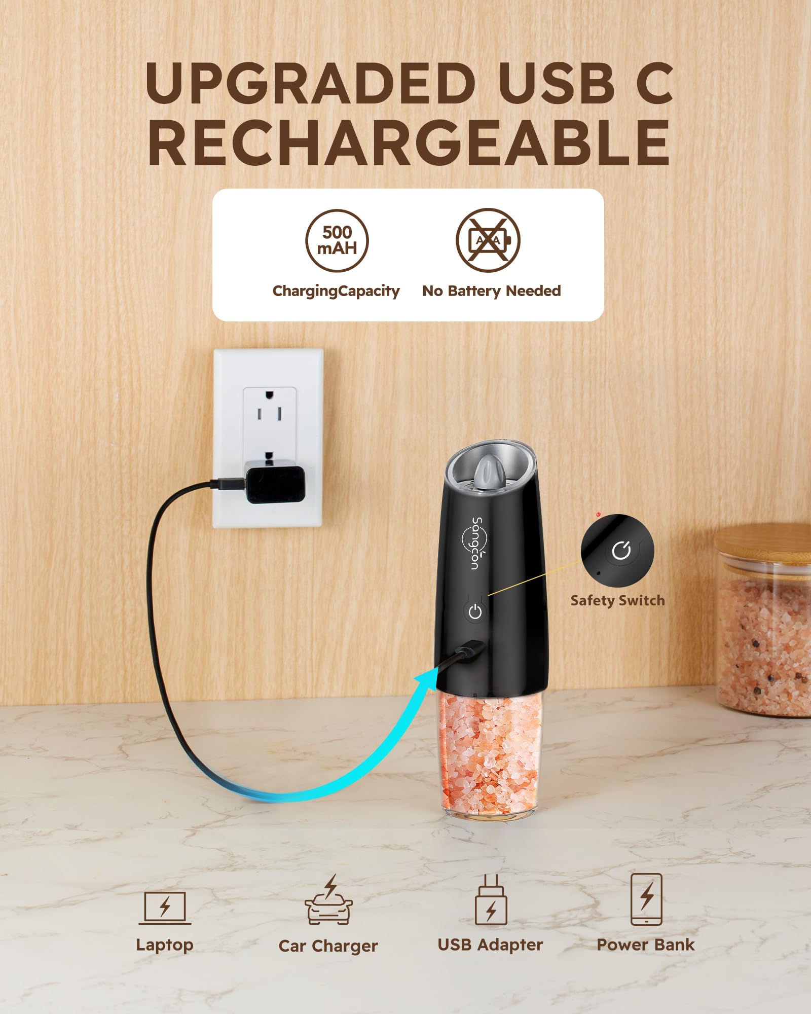 Sangcon molinillo recargable USB-C evita cambios de pilas