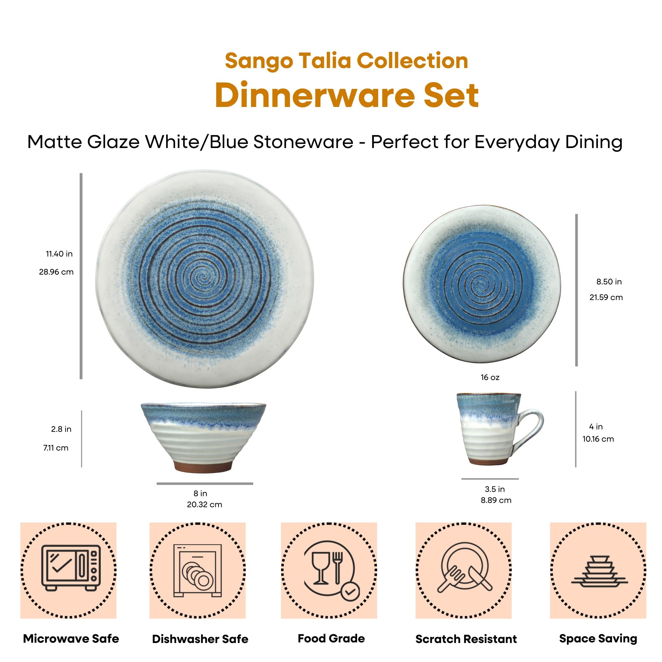 SANGO Talia: platos de ensalada de 8,5 pulgadas con remolino azul.